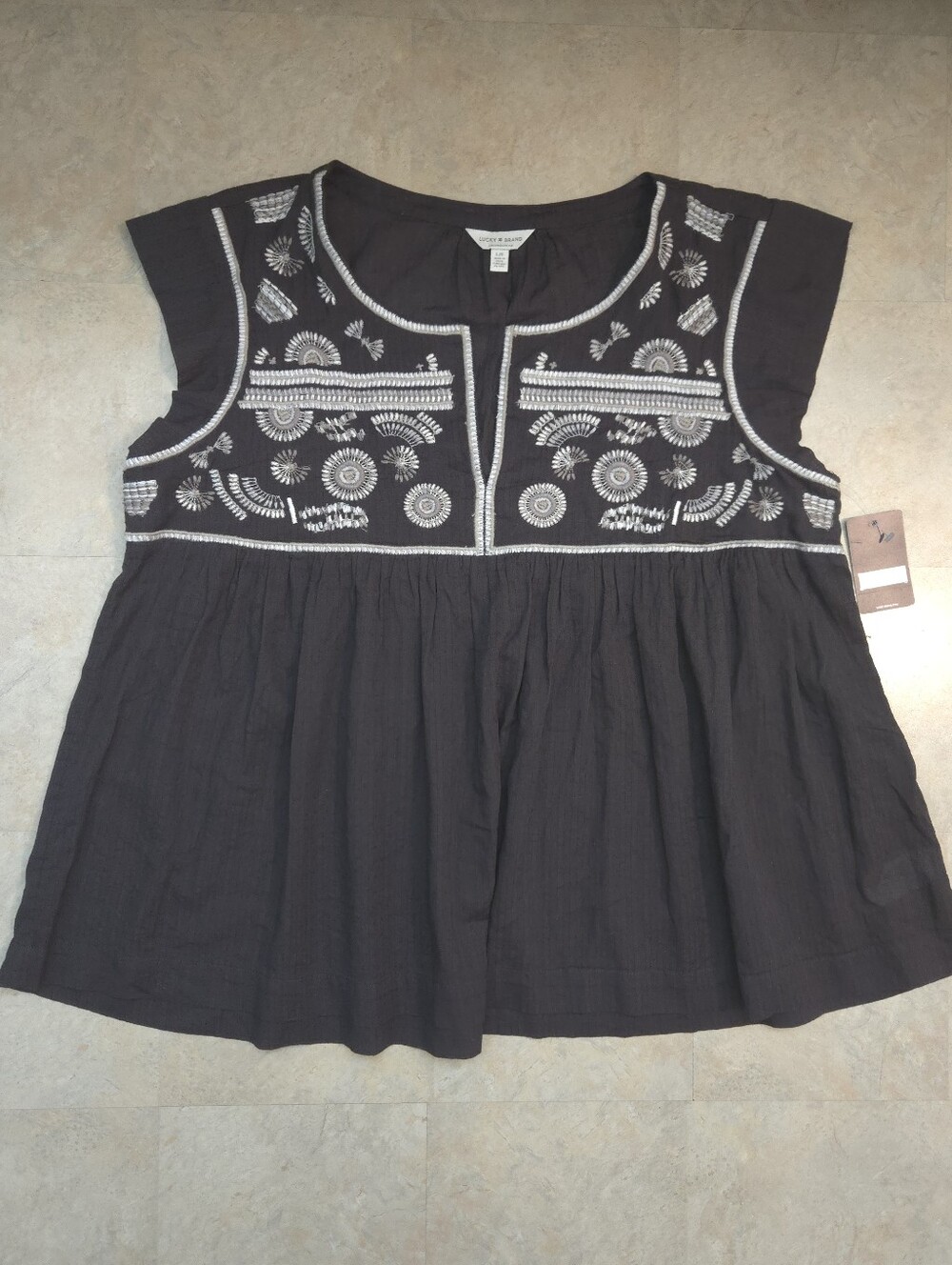 NWT Lucky Brand Dark Brow Boho Top with White Embroidery